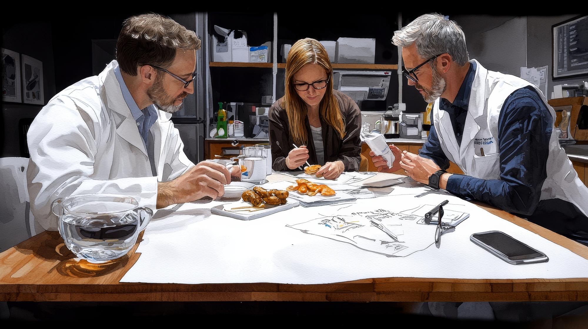 Workshop table with chefs and technical notes